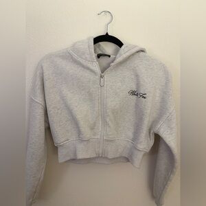 White Fox Cropped Zip-Up Hoodie
